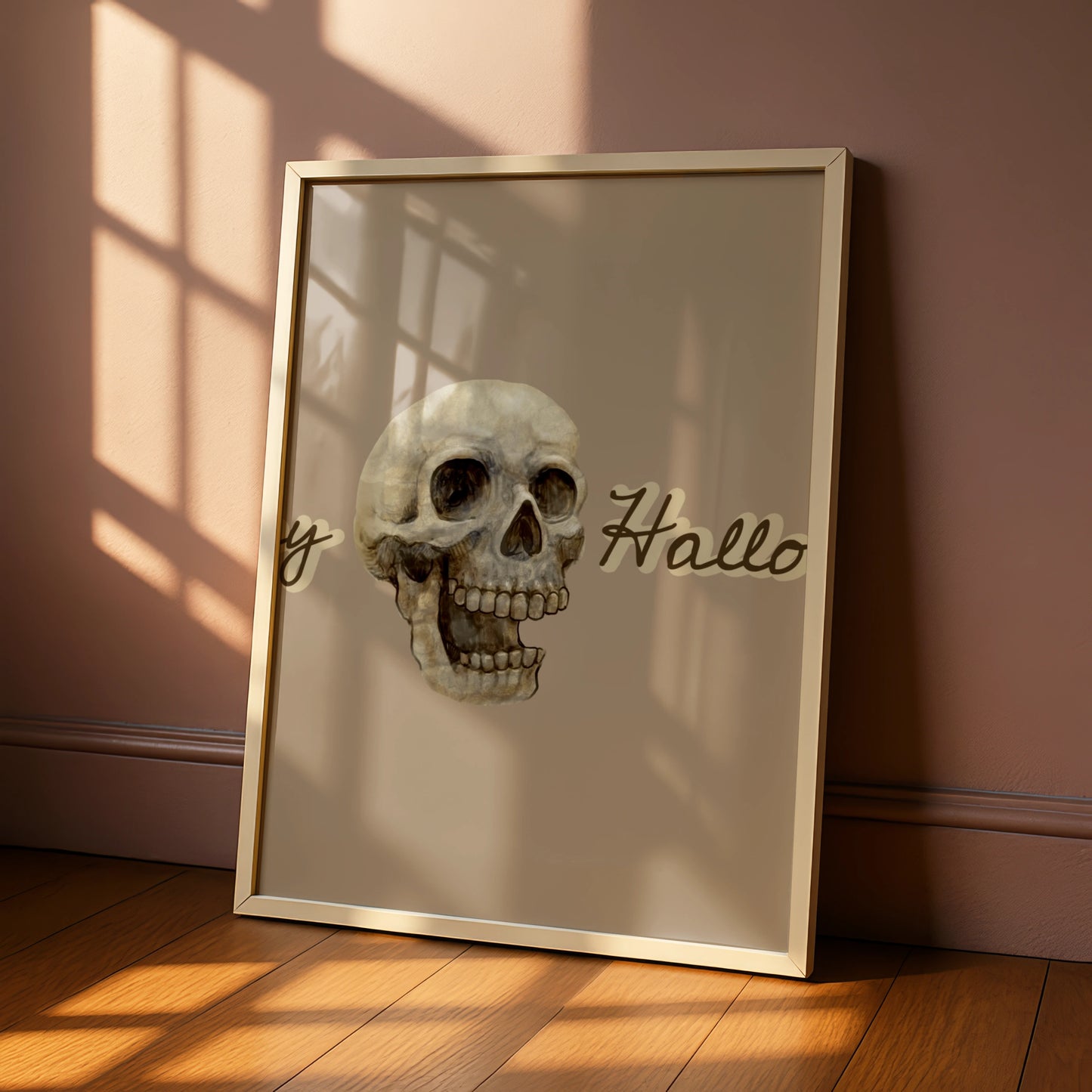 Happy Halloween Skull Poster, Spooky Wall Art, Skeleton Print, Taupe Halloween Decor