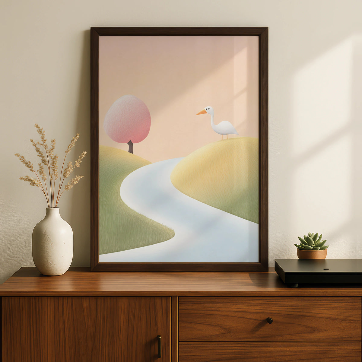 Nursery Wall Art White Bird Print, Pastel Landscape Poster, Baby Room Decor, Kids Room Art