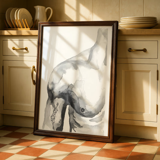 Female Nude Figure Print, Monochrome Wall Art, Abstract Body Ink Watercolour Poster, Modern Decor