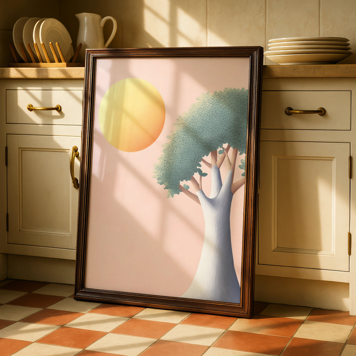 Nursery Tree Wall Art, Pastel Sun Print, Baby Room Poster, Soft Pink Children's Decor