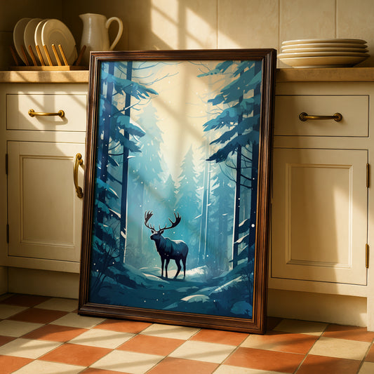 Christmas Stag Poster, Winter Forest Wall Art, Blue Snow Deer Print, Festive Holiday Decor