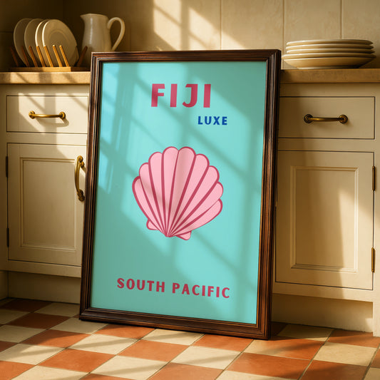Fiji Travel Poster, South Pacific Wall Art, Retro Seashell Print, Teal Pink Beach Decor