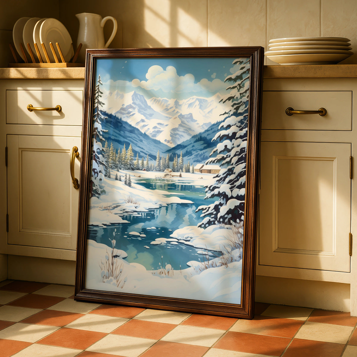 Christmas Winter Landscape Poster, Snowy Mountain Scene, Blue Festive Wall Art Print