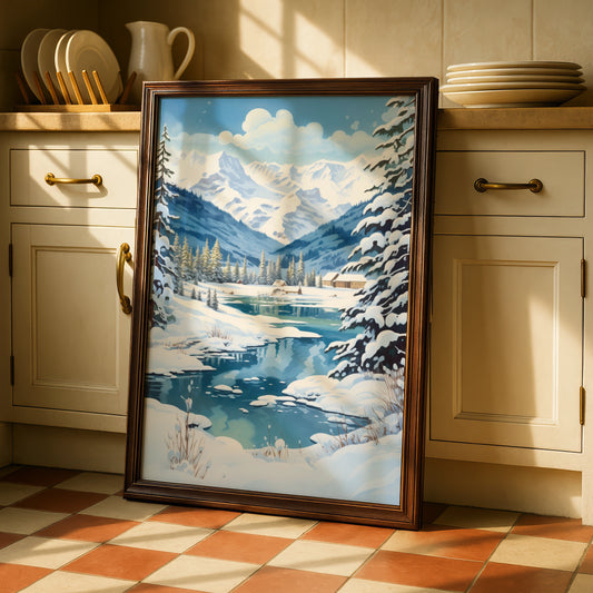 Christmas Winter Landscape Poster, Snowy Mountain Scene, Blue Festive Wall Art Print