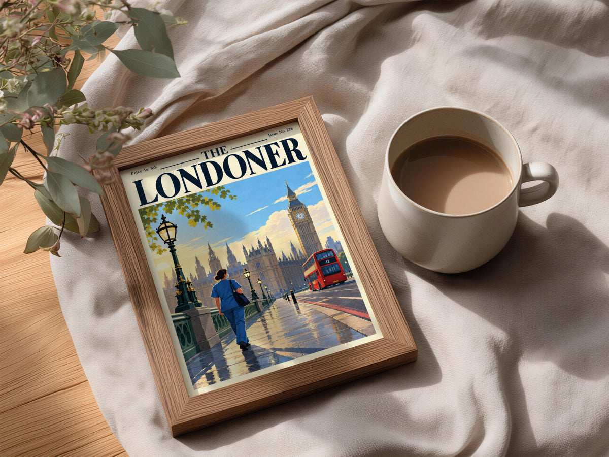 London Poster, Westminster Big Ben Wall Art, Vintage Magazine Cover Art Print, Red Bus, Living Room