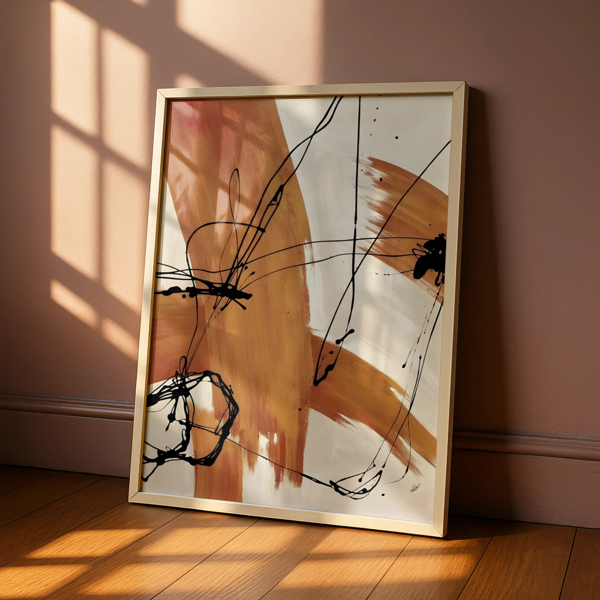 Abstract Brush Stroke Wall Art, Terracotta Black Line Print, Modern Neutral Poster