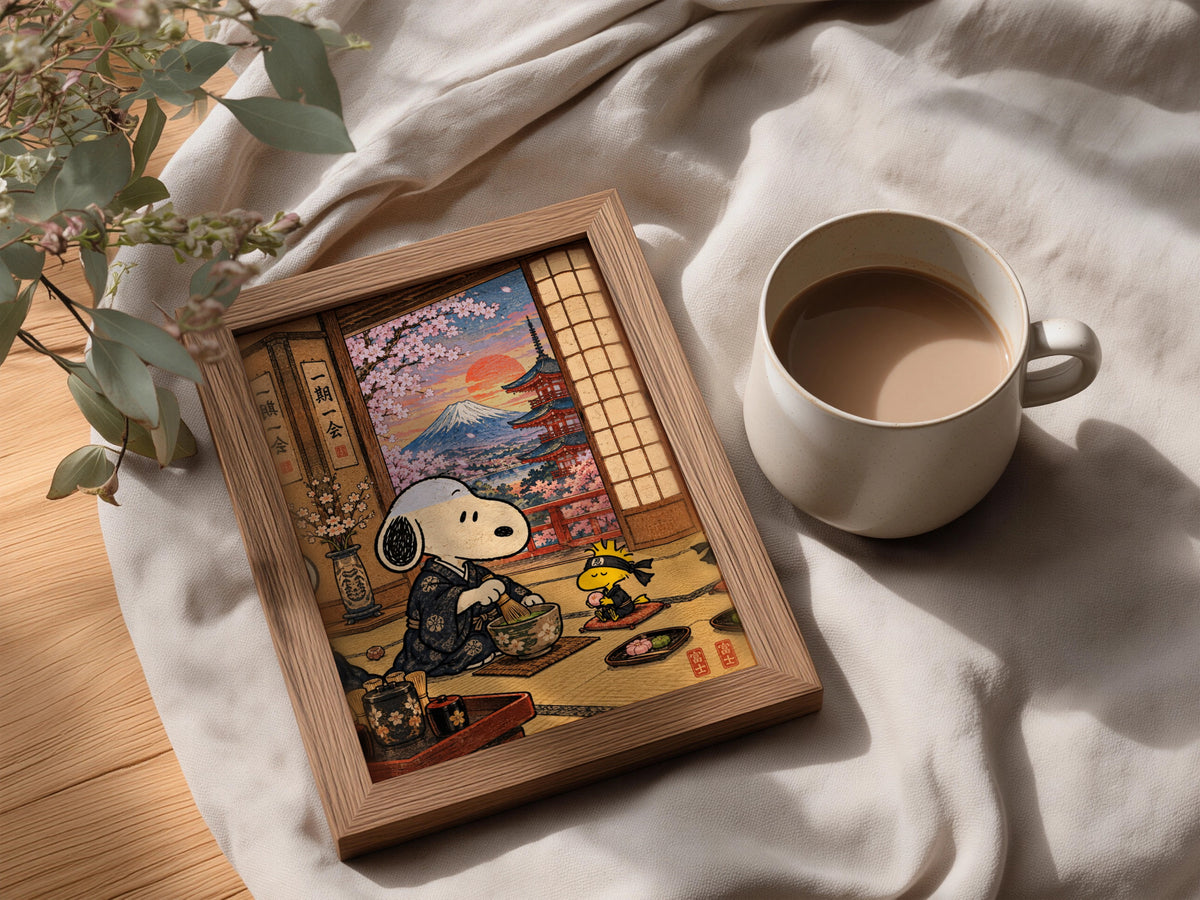 Japanese Tea Ceremony Poster, Cute Beagle Matcha Wall Art, Mount Fuji Cherry Blossom Print