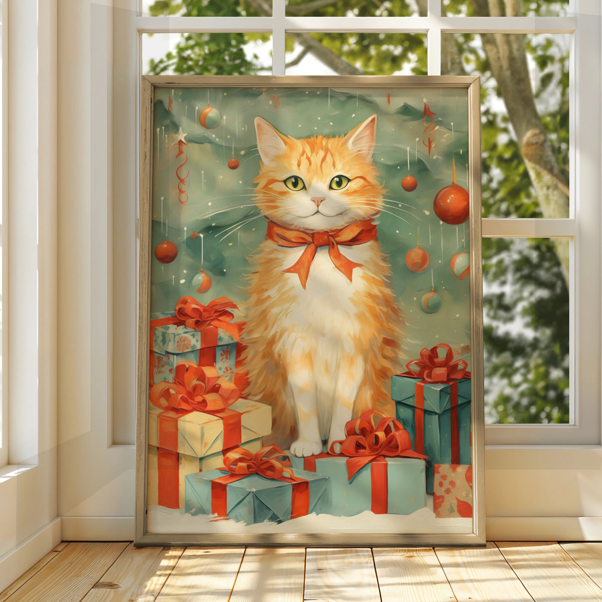 Christmas Cat Poster, Ginger Cat Art Print, Festive Xmas Wall Art, Holiday Gift Decor