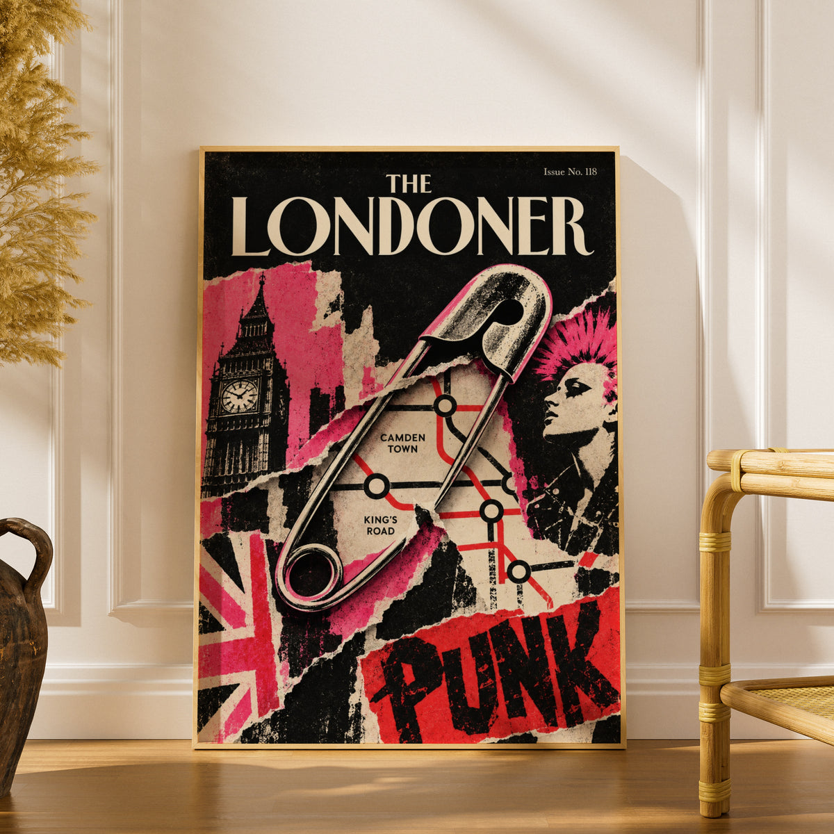 London Punk Poster, Safety Pin Wall Art, Camden Town Print, Big Ben Collage, Pink Red Black Decor