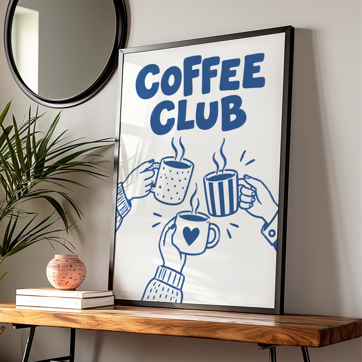 Coffee Club Cartoon Poster, Funny Coffee Print, Blue Kitchen Wall Art, Quirky Mug Print — Digital Download