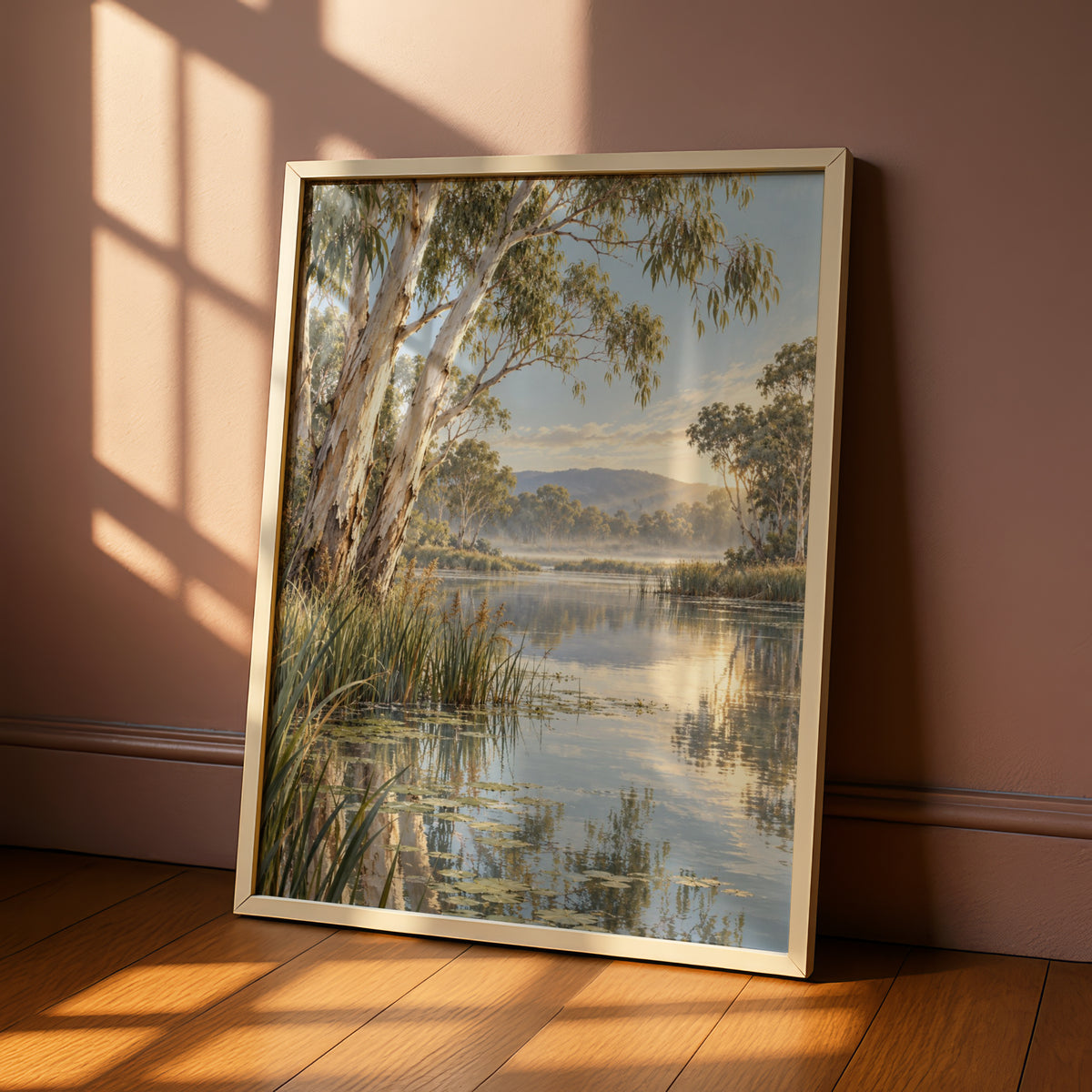 Australian River Landscape Print, Eucalyptus Gum Tree Wall Art, Misty Waterway Poster