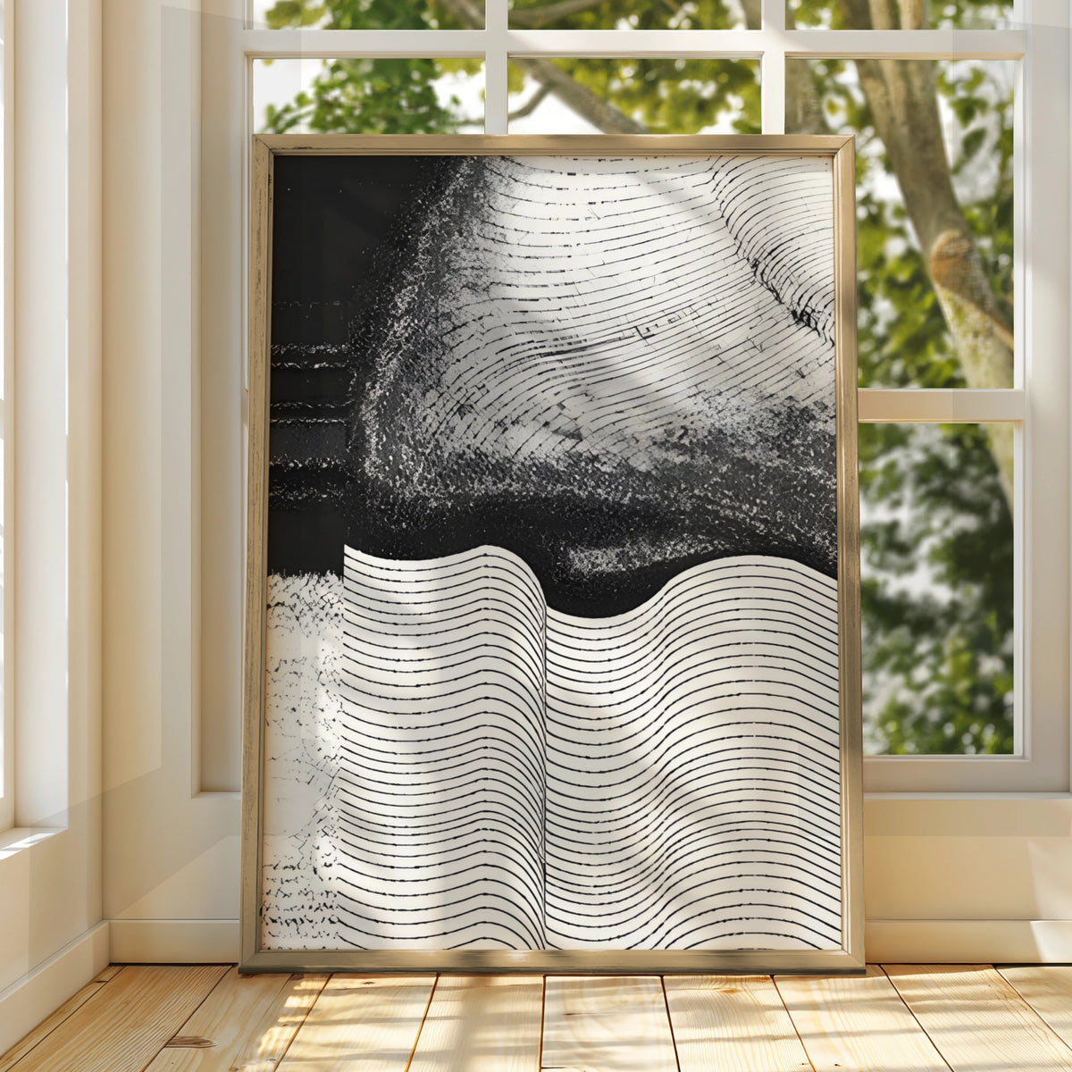 Abstract Wave Lines Monochrome Wall Art, Black and White Minimalist Print, Modern Poster
