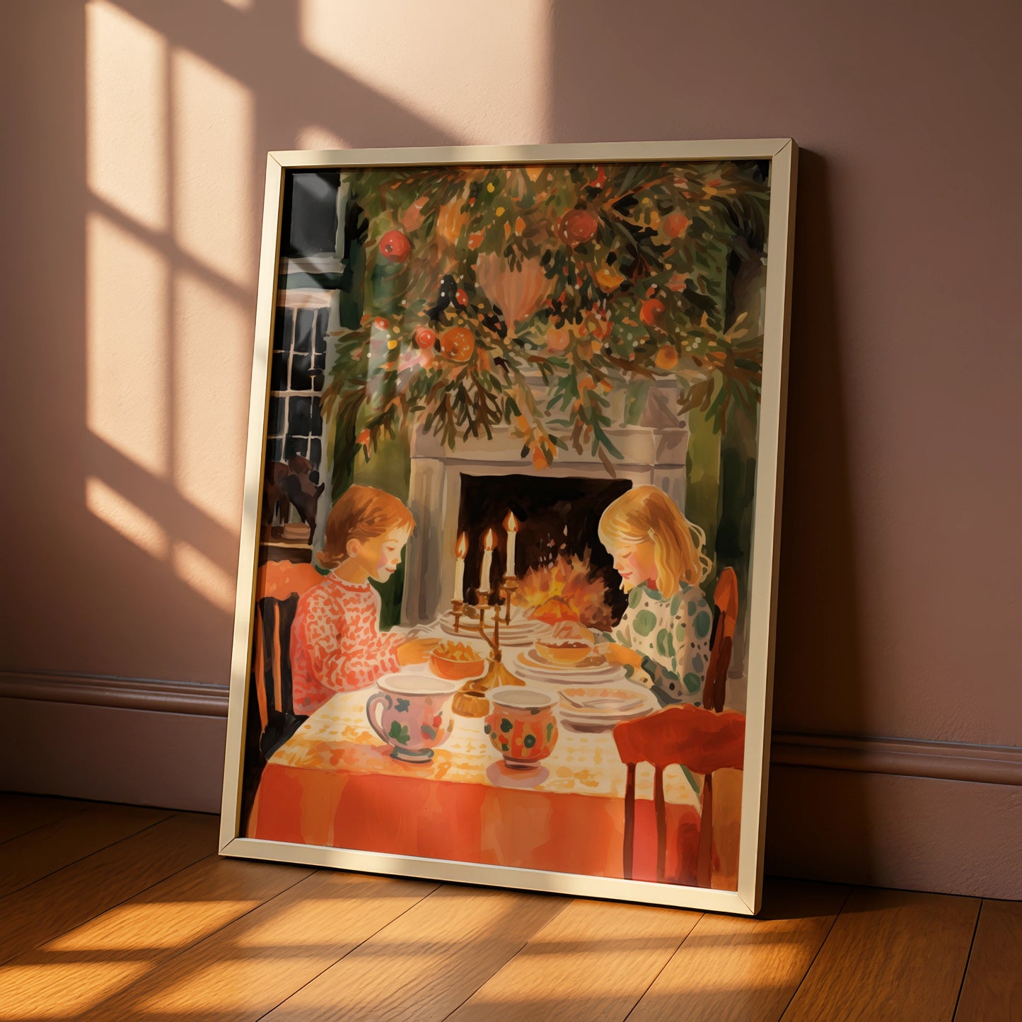 Christmas Dinner Poster, Children by Fireplace, Festive Holiday Wall Art, Cosy Vintage Scene Print