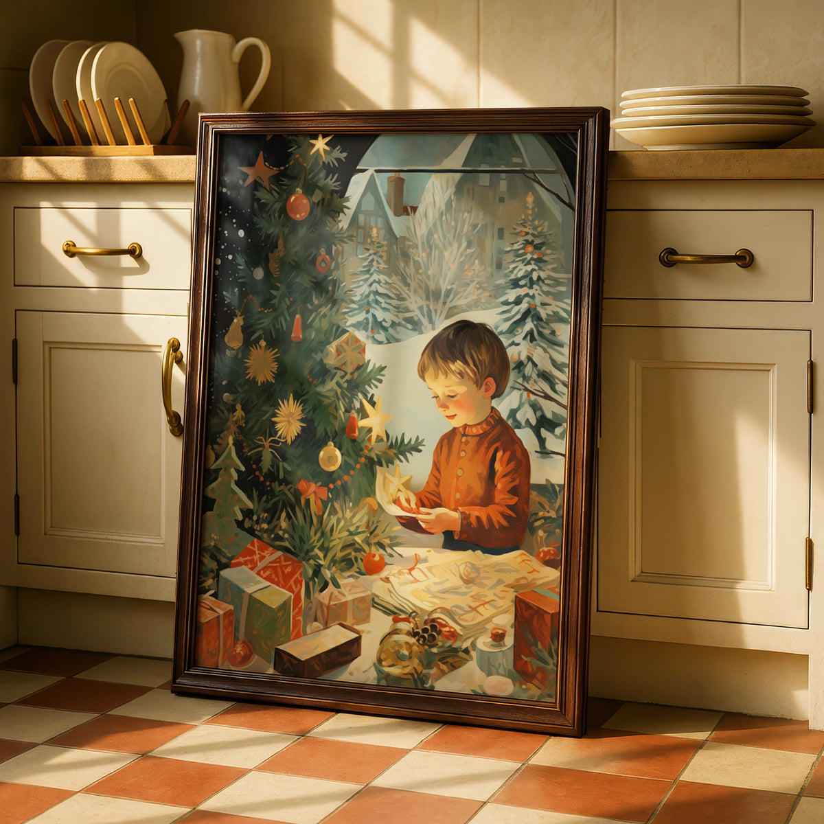 Vintage Christmas Poster, Child by Tree with Gifts, Retro Festive Wall Art Print