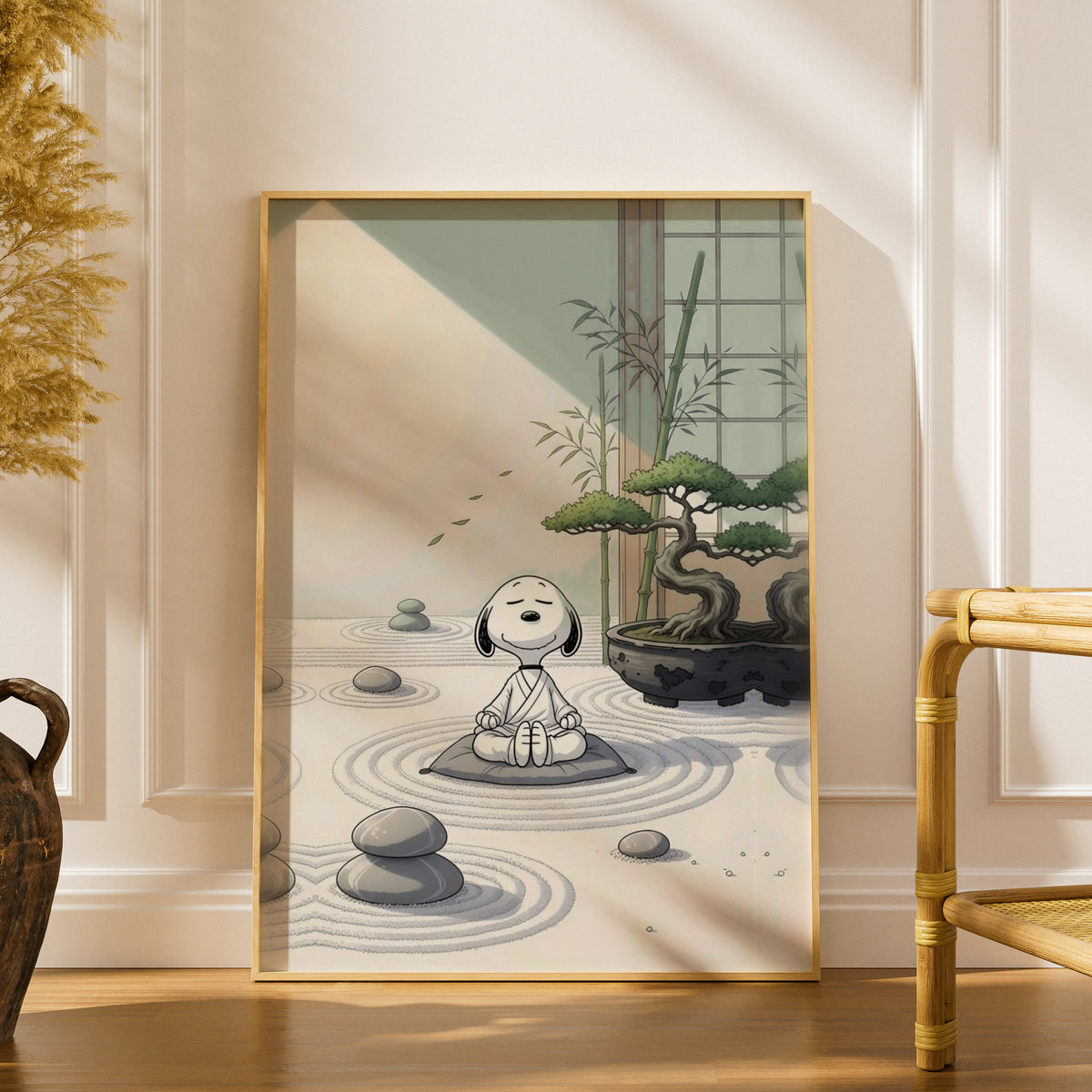Meditating Cartoon Beagle Zen Garden Poster, Bonsai Wall Art, Sage Green Art Print for Bedroom