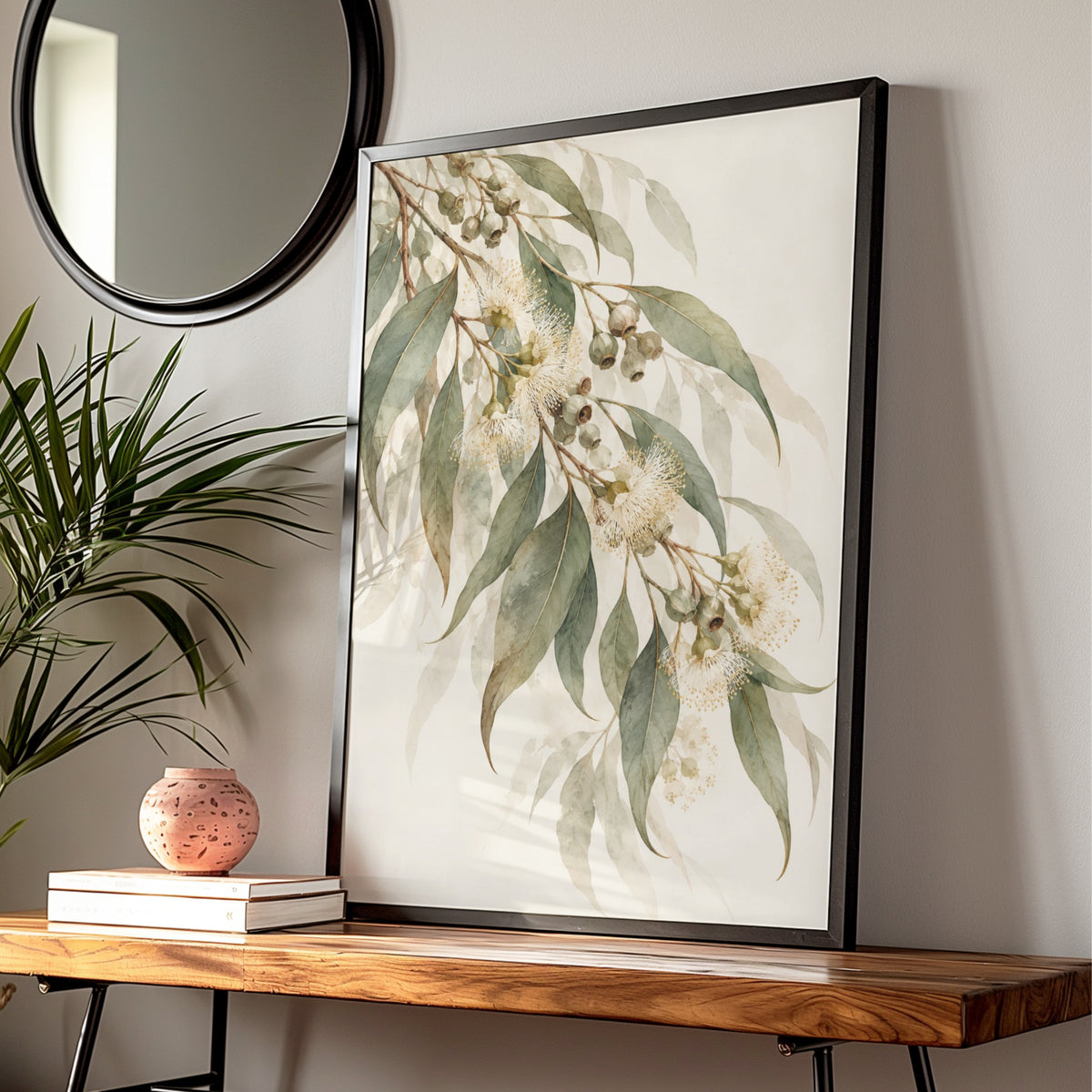 Eucalyptus Blossom Print, Australian Botanical Wall Art, Watercolour Gum Leaves Poster — Digital Download