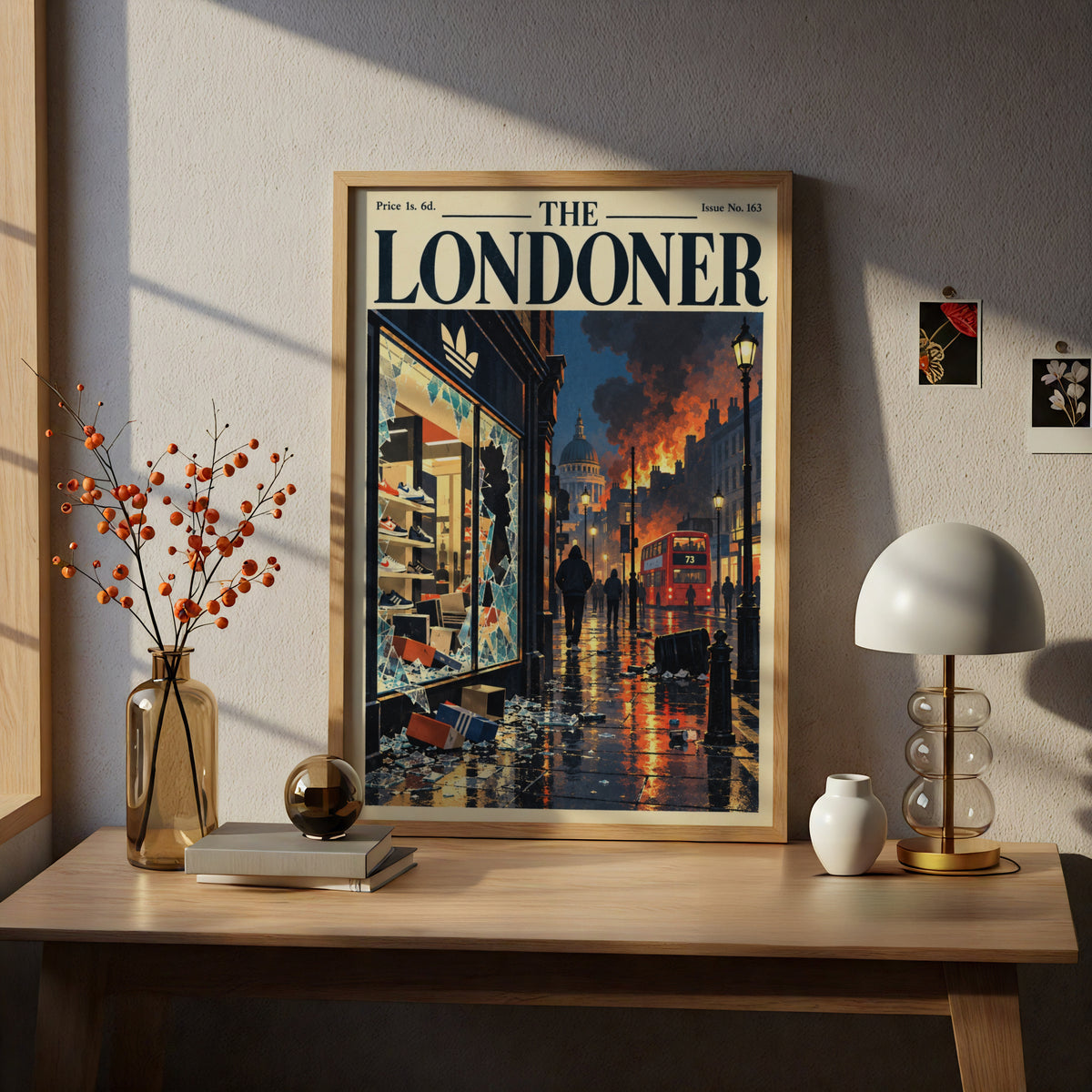 The Londoner Poster, London Street Riot Scene, Red Bus Night, Vintage Magazine Cover Wall Art Print