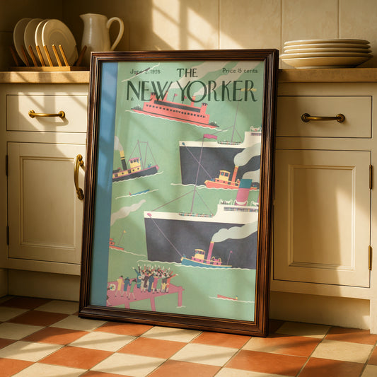 New Yorker 1928 Cover Poster, Vintage Harbour Ships Art, Art Deco Wall Print