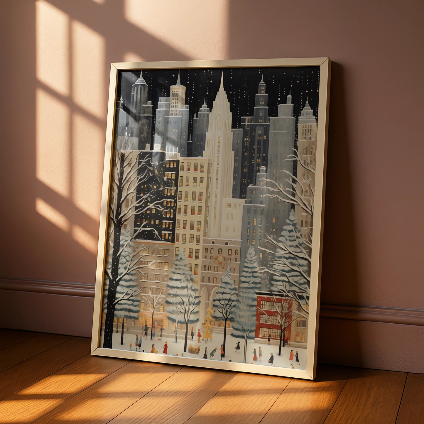 Christmas New York City Poster, Winter Snowfall Skyline Art, Festive NYC Wall Art Print