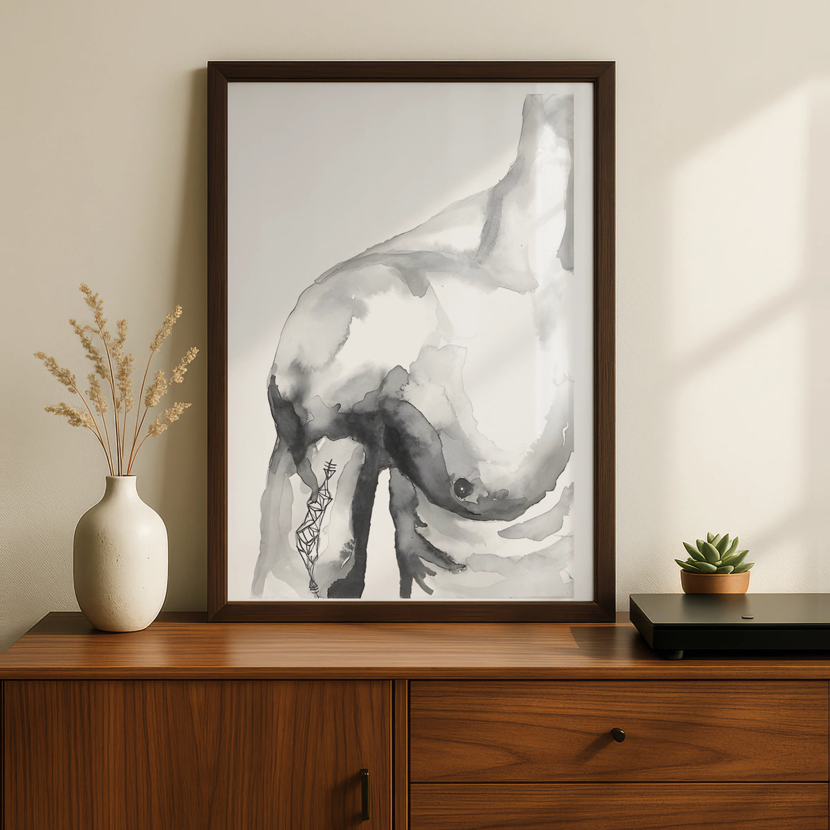 Female Nude Figure Print, Monochrome Wall Art, Abstract Body Ink Watercolour Poster, Modern Decor