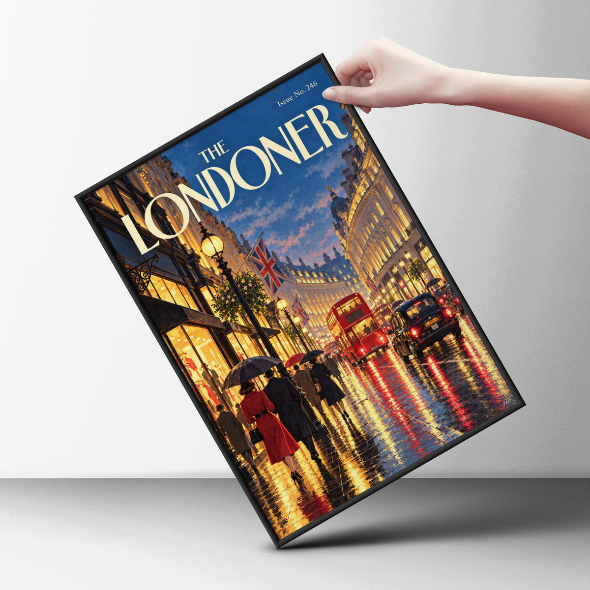 The Londoner Poster, London Street Wall Art, Rainy Evening Art Print, Red Bus Black Cab