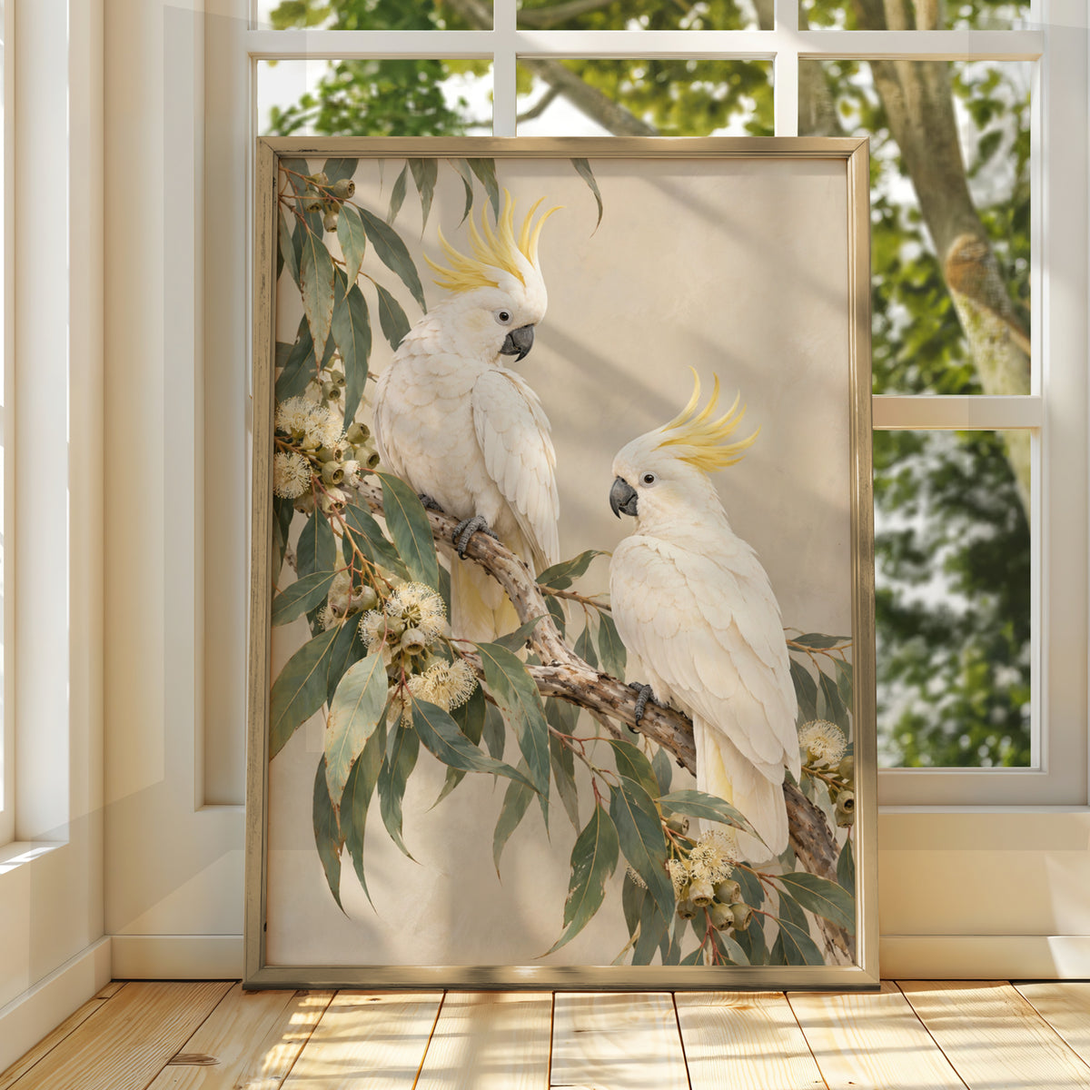 Sulphur-Crested Cockatoo Print, Australian Bird Wall Art, Eucalyptus Botanical Poster
