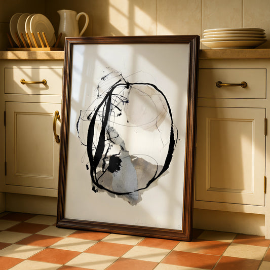 Modern Monochrome Abstract Print, Black White Ink Circle Art, Minimalist Wall Decor Poster