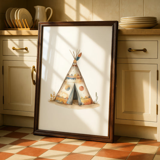 Boho Teepee Nursery Wall Art, Tribal Tipi Poster, Baby Boy Room Decor, Watercolour Print