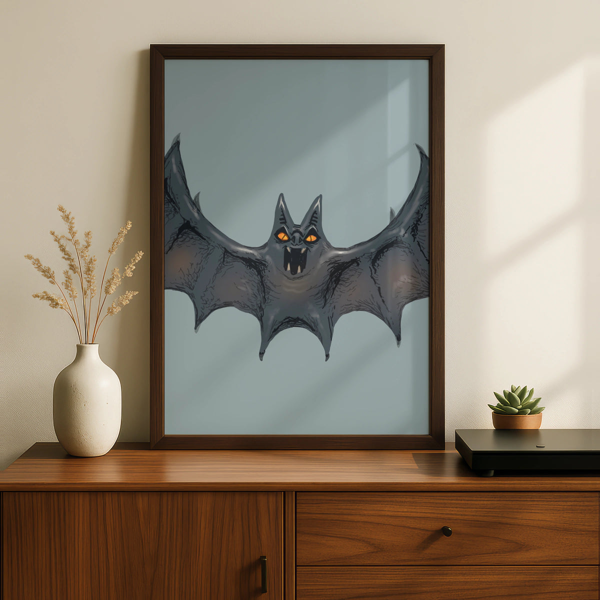 Halloween Bat Wall Art, Spooky Bat Poster, Gothic Horror Print, Orange Eyes Dark Creature