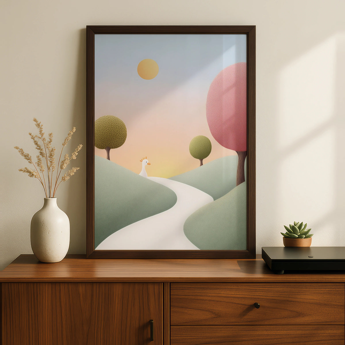 Nursery Wall Art Whimsical Landscape Print, Pastel Baby Room Poster, Cute Bird Decor