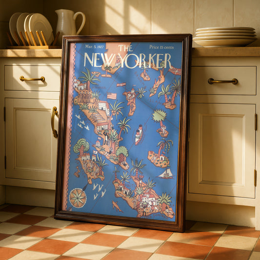 New Yorker 1927 Caribbean Map Cover Poster, Havana Cuba Jamaica Haiti Vintage Art