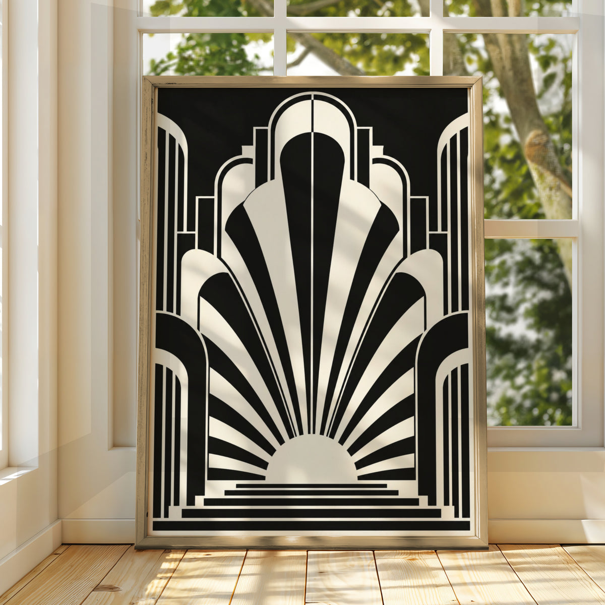 Art Deco Sunburst Poster, Monochrome Wall Art, Black and White Geometric Print