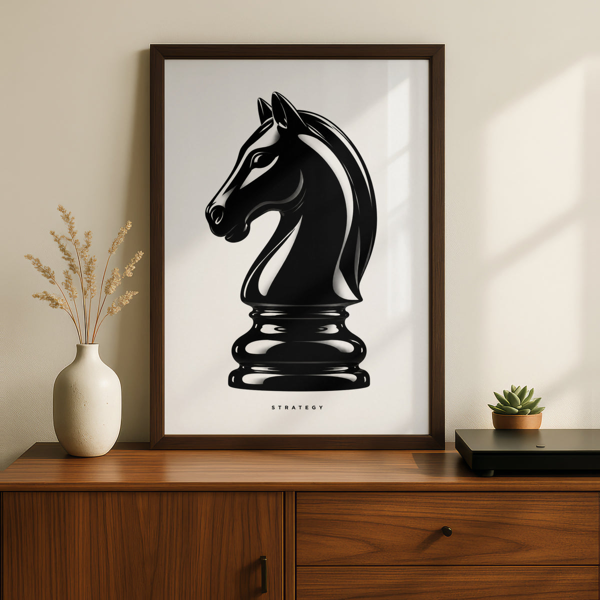 Chess Knight Strategy Print, Monochrome Wall Art, Black and White Minimalist Poster