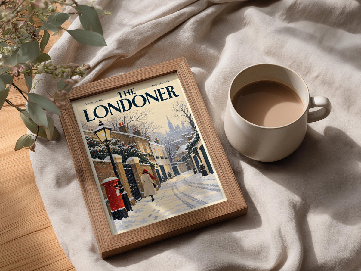 Vintage London Winter Street Poster, Snowy Wall Art, Red Post Box Art Print, Christmas Gift