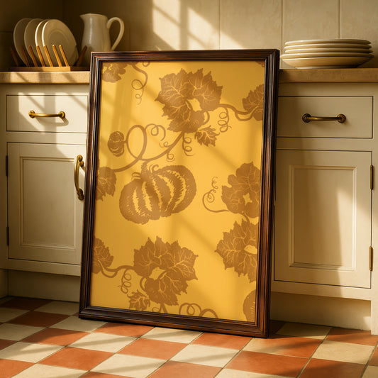 Halloween Pumpkin Vine Wall Art, Autumn Botanical Poster, Gold Orange Fall Decor Print