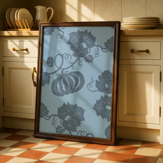 Halloween Pumpkin Vine Wall Art, Blue Grey Botanical Poster, Spooky Autumn Decor Print