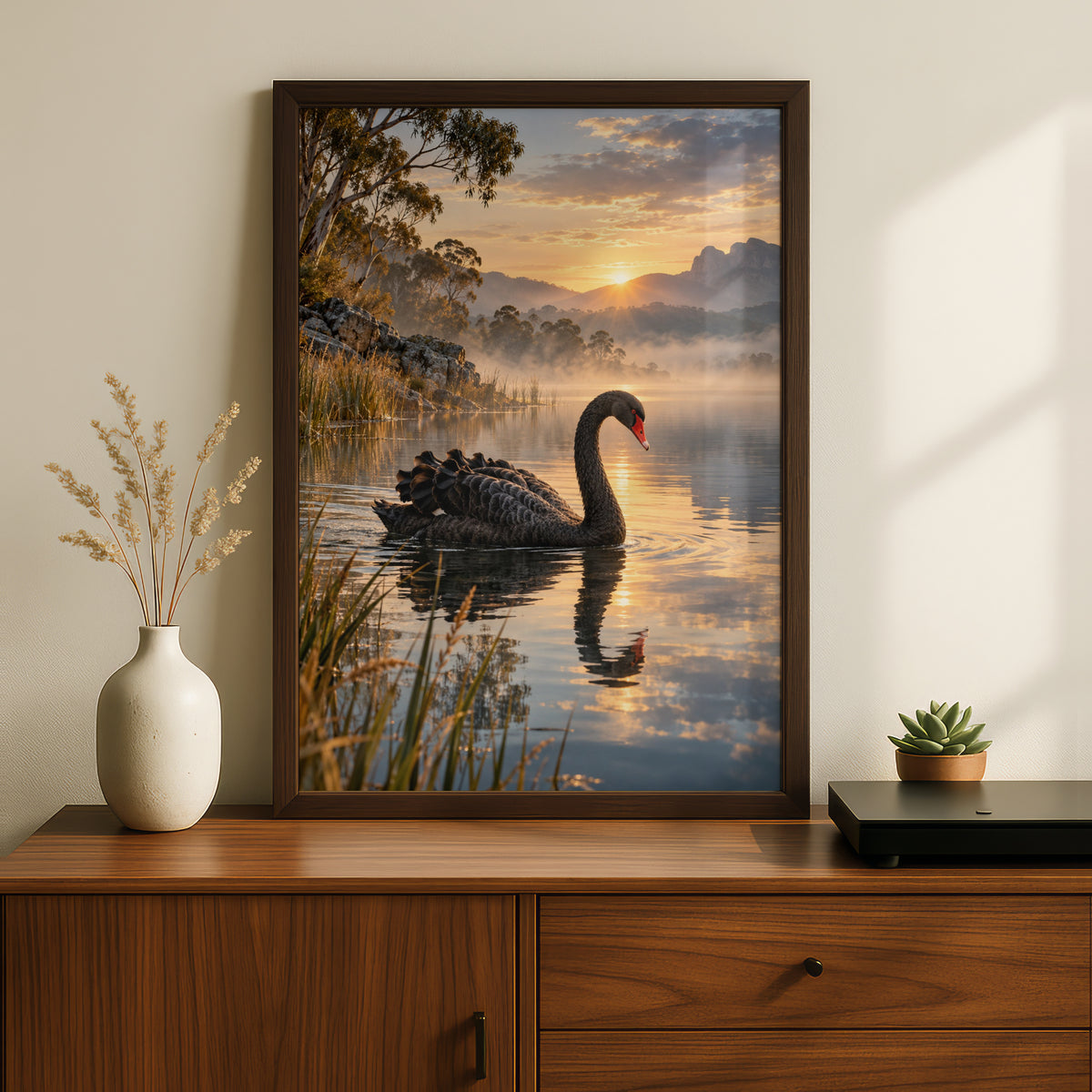 Black Swan Lake Sunrise, Australian Landscape Print, Wildlife Wall Art, Nature Poster