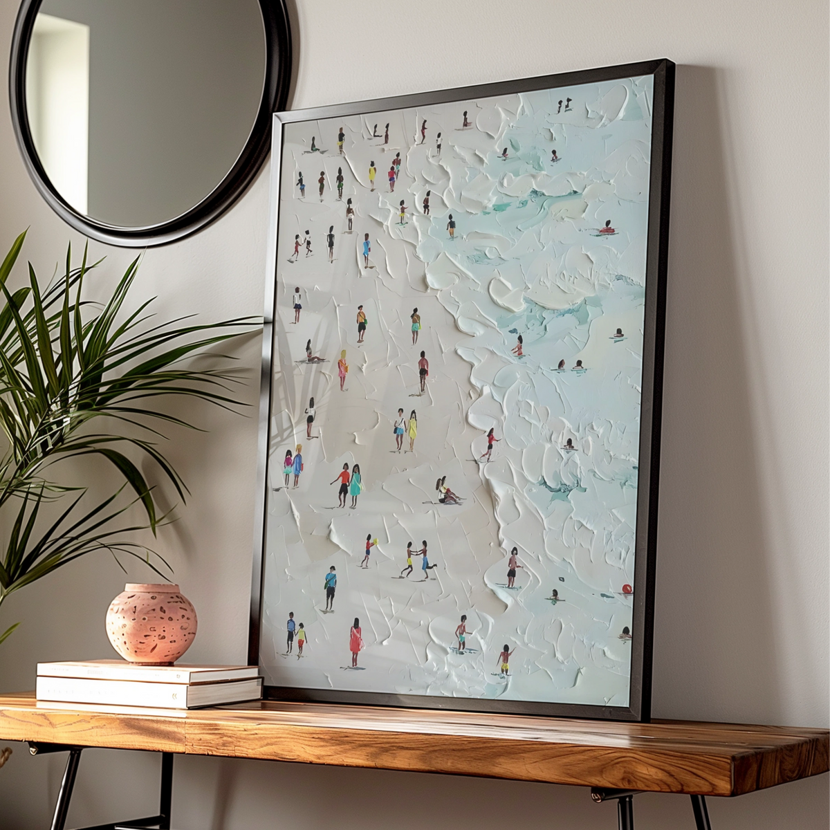 Beach Scene Art Print, People on Sandy Shore, Aerial View Poster, Modern Coastal Wall Art