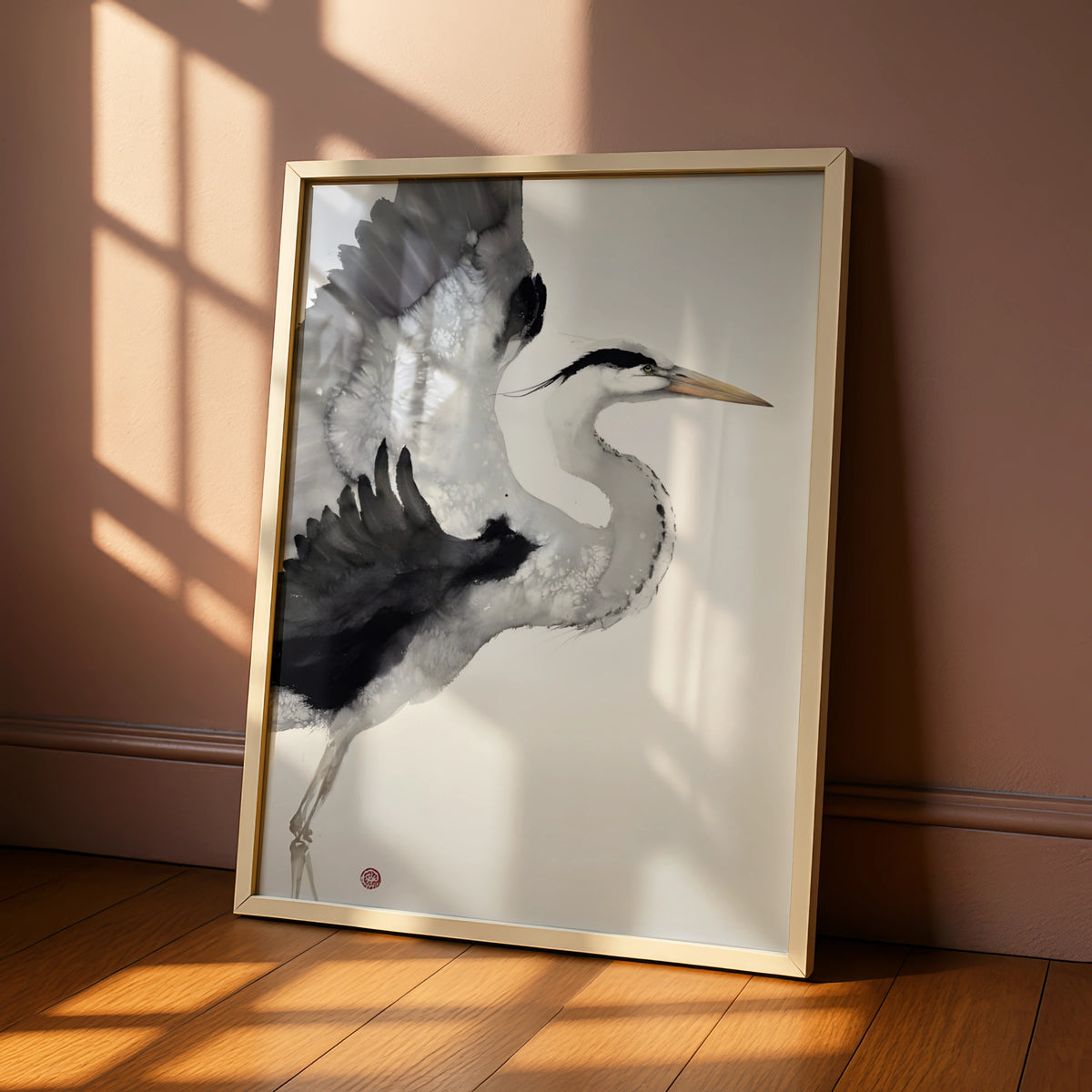 Heron Ink Art Print, Monochrome Wall Art, Black and White Bird Poster, Minimalist Print