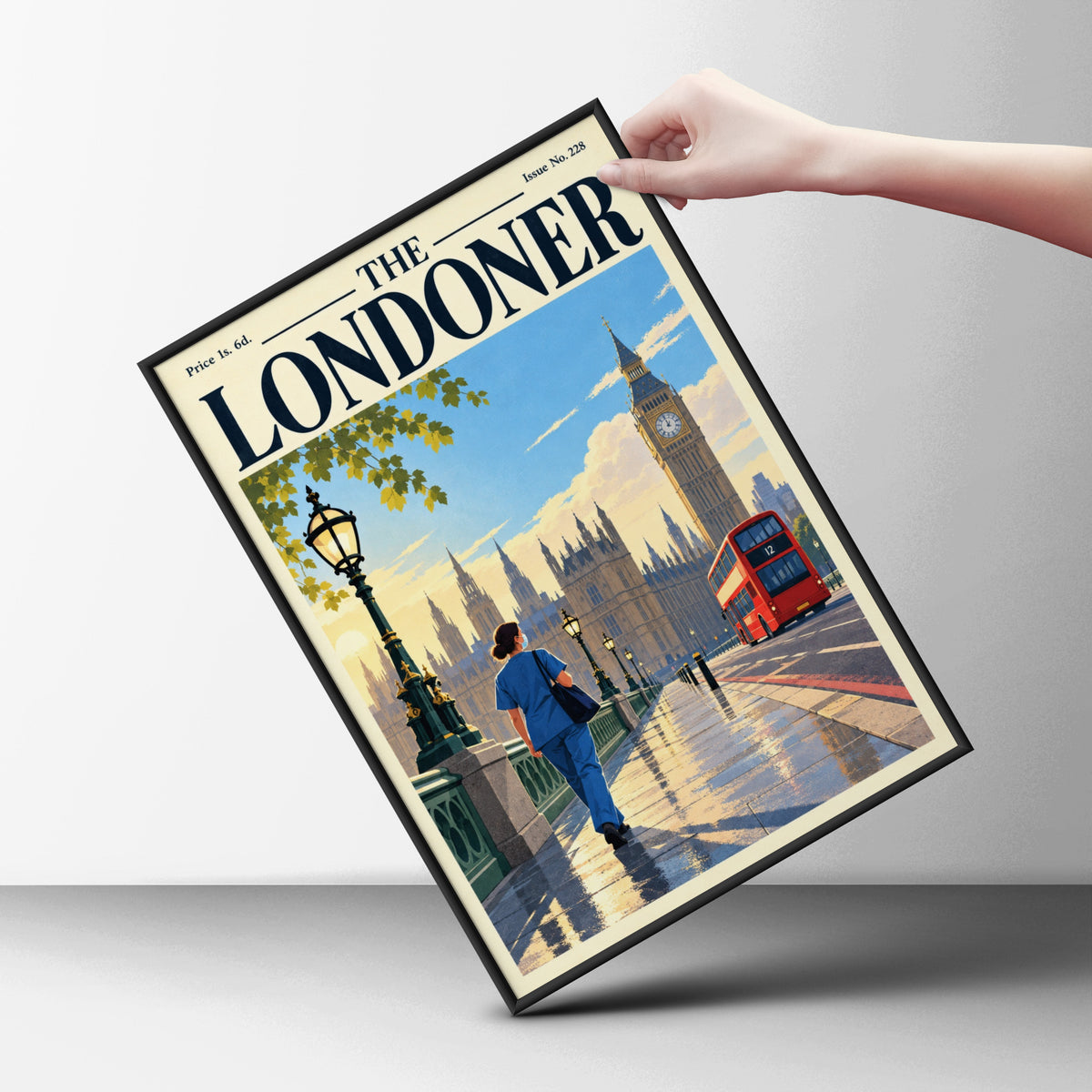 London Poster, Westminster Big Ben Wall Art, Vintage Magazine Cover Art Print, Red Bus, Living Room