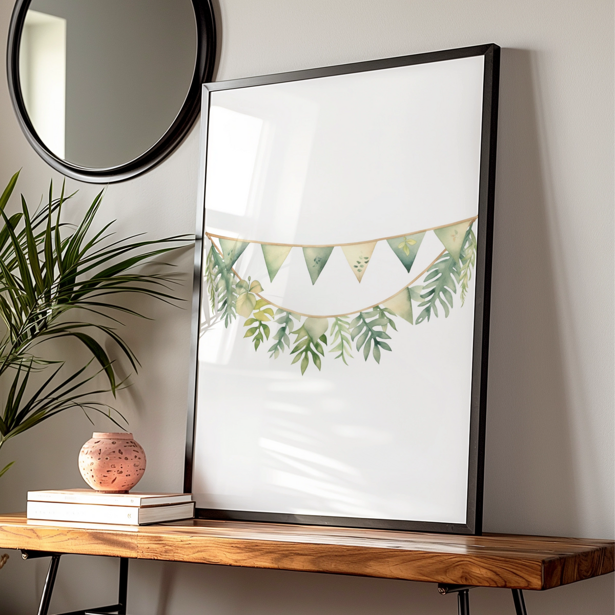 Nursery Wall Art Green Bunting Garland Poster, Botanical Baby Room Print, Watercolour Leaf Decor — Digital Download
