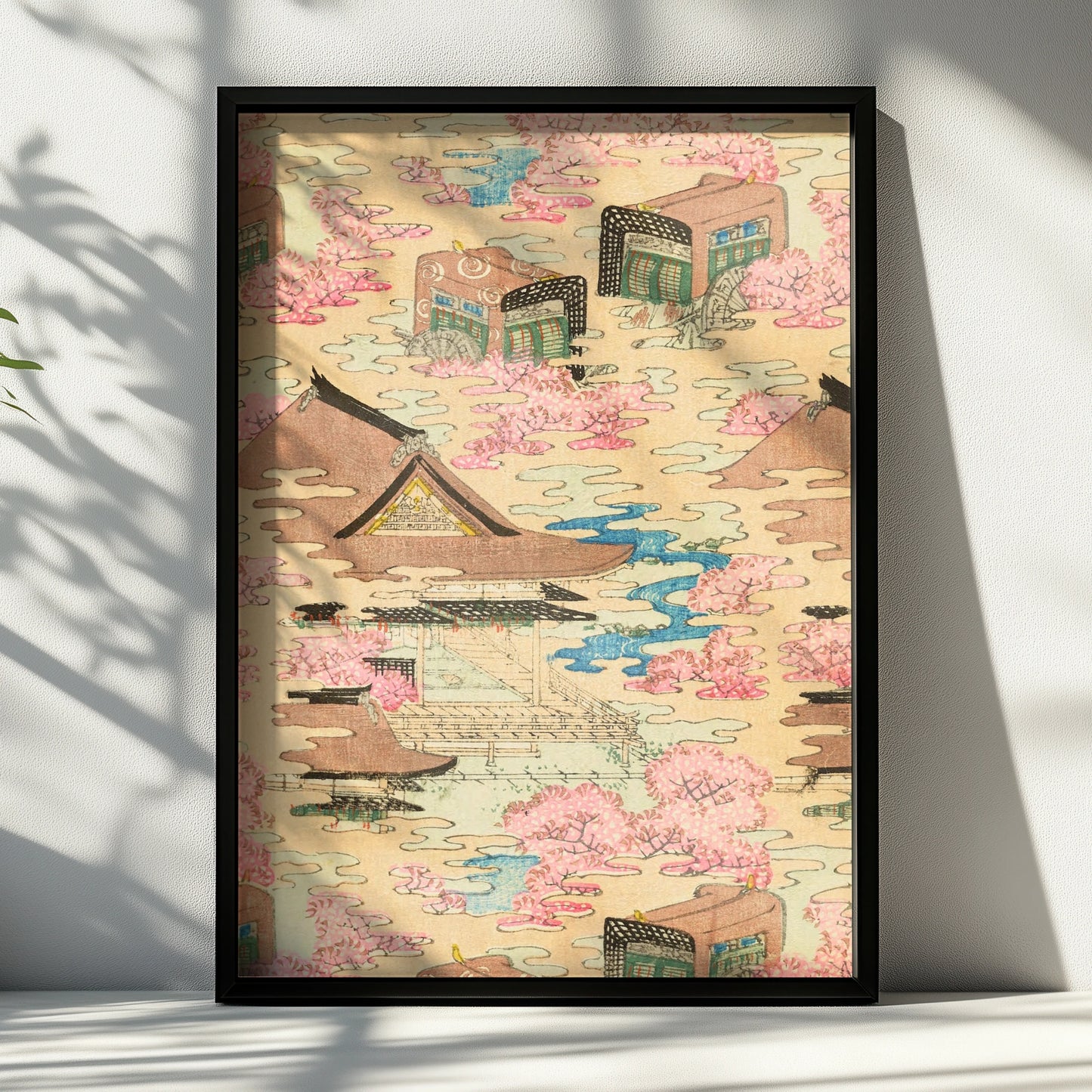 Vintage Japanese Woodblock Wall Art, Cherry Blossom Temple Print, Japandi Poster – A4 Black frame