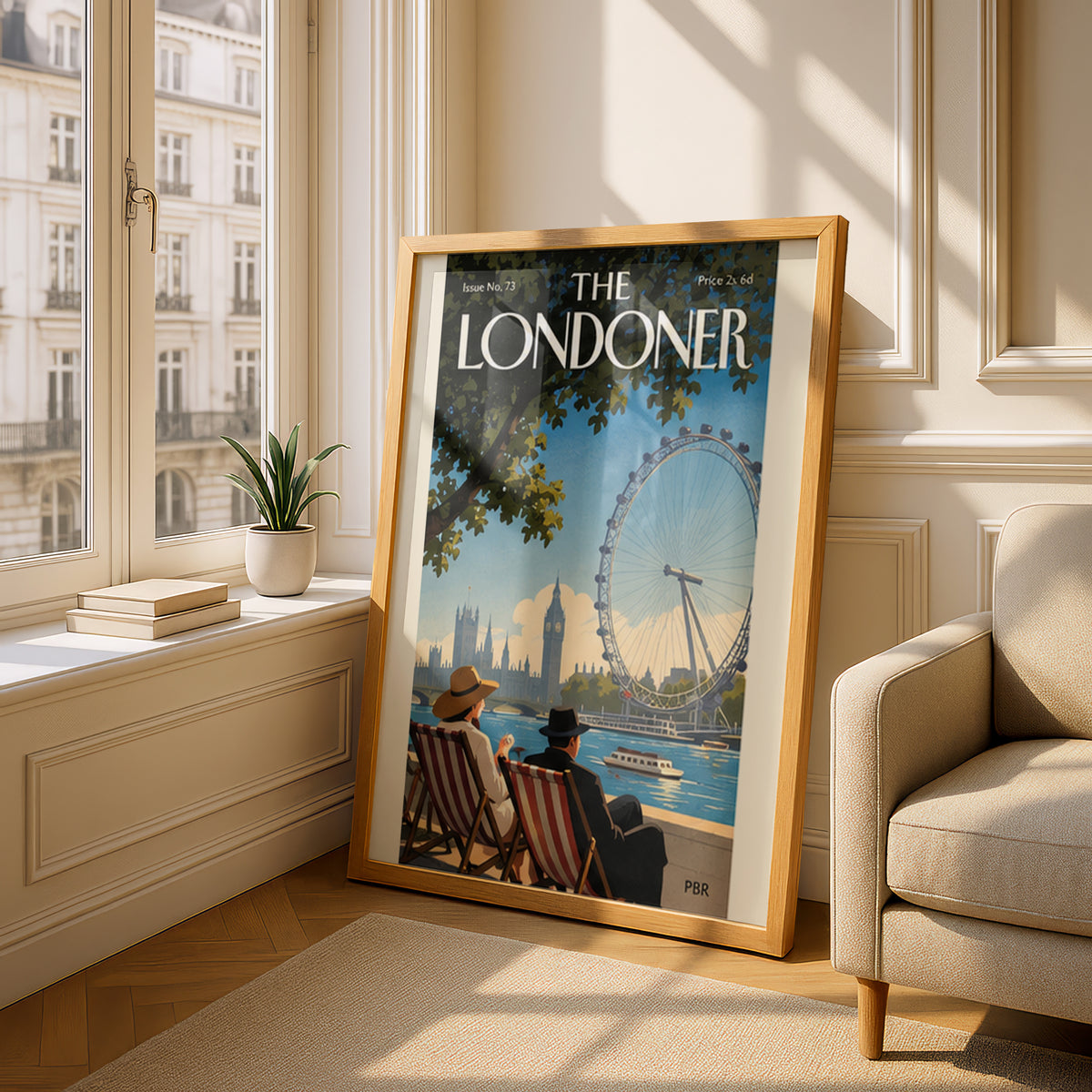London Eye Poster, Vintage London Wall Art Print, Magazine Cover Style, Thames Riverside Deckchairs