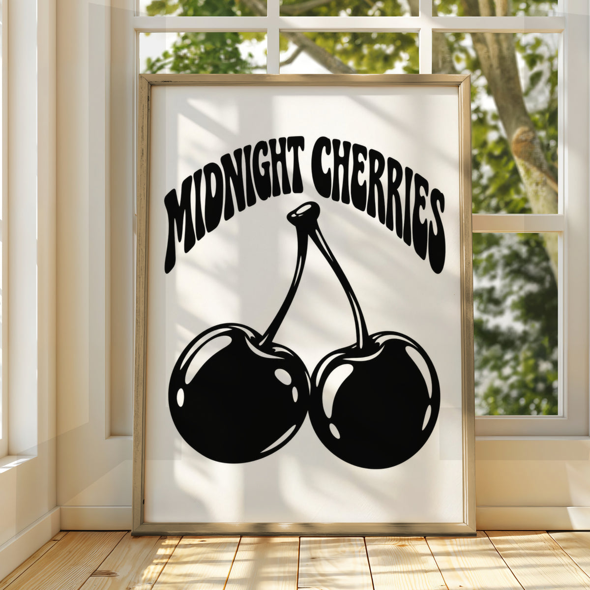 Midnight Cherries Typography Print, Black and White Poster, Monochrome Wall Art, Retro Fruit
