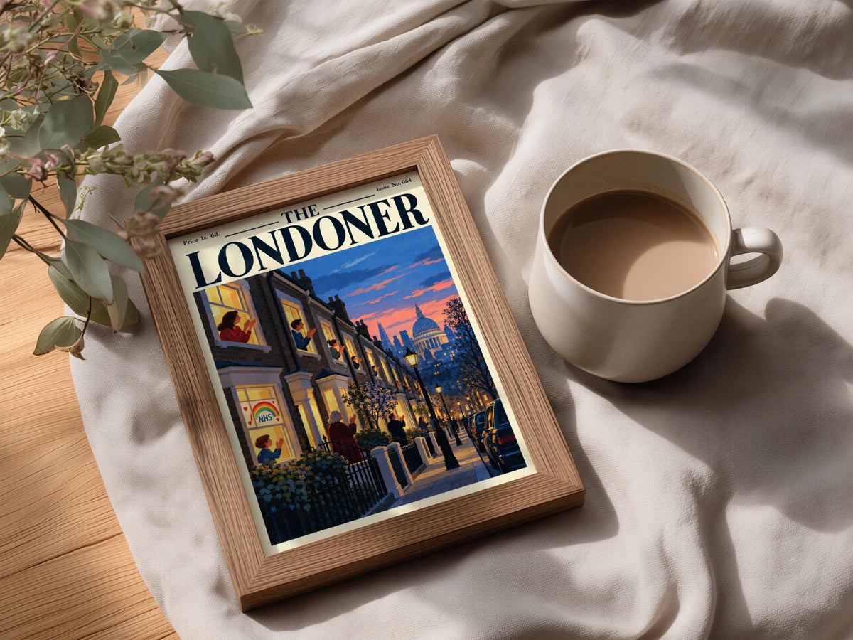 The Londoner Magazine Cover Poster, London Street at Dusk, St Pauls Dome, Retro Wall Art Print