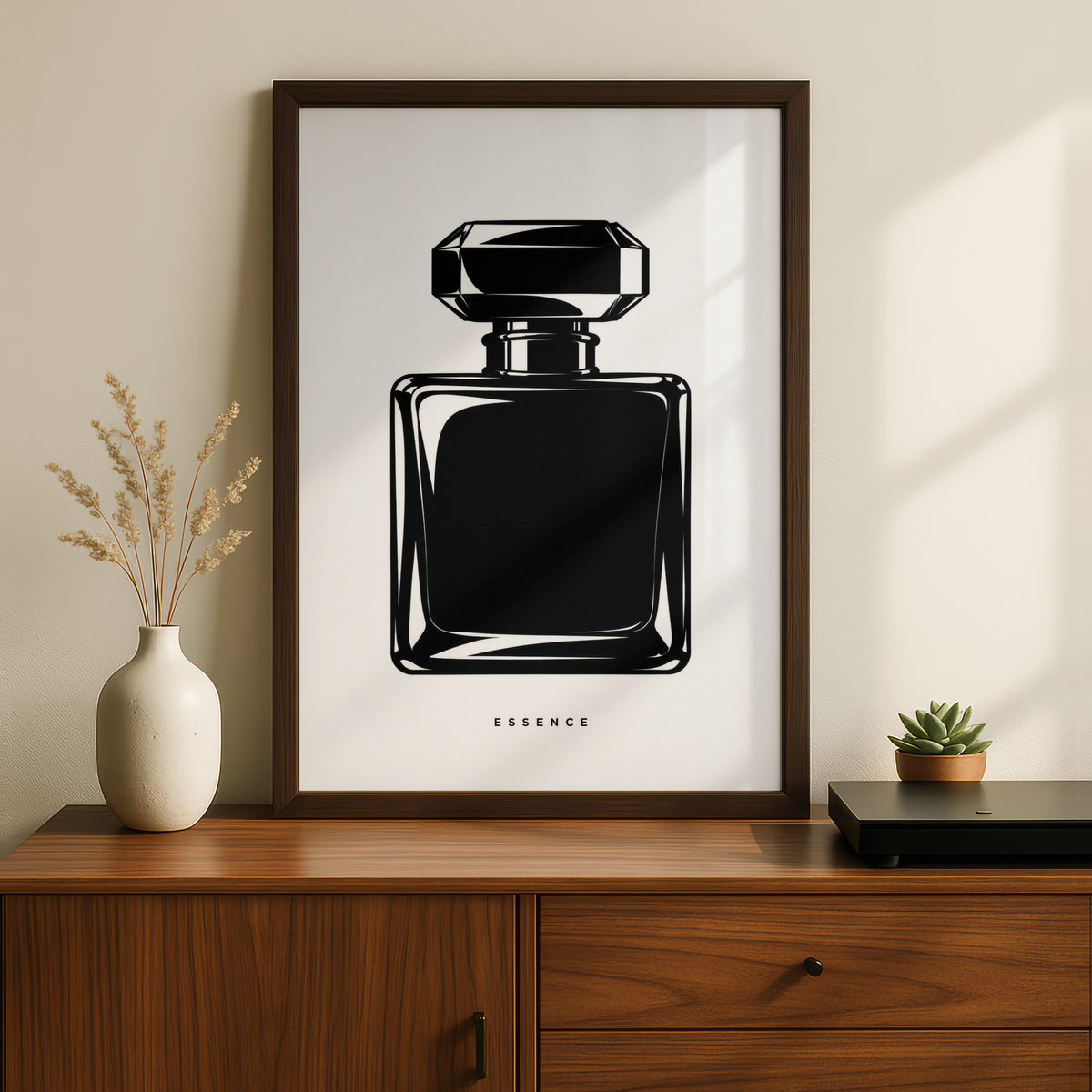 Perfume Bottle Print, Monochrome Wall Art, Minimalist Black White Poster, Essence Typography