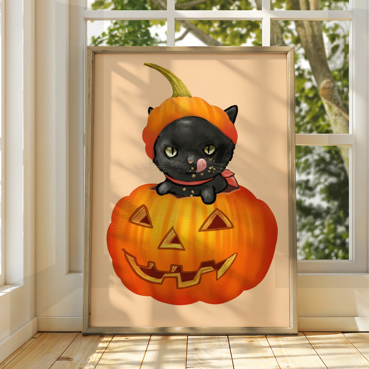 Halloween Black Cat Pumpkin Poster, Jack O Lantern Cat Wall Art Print