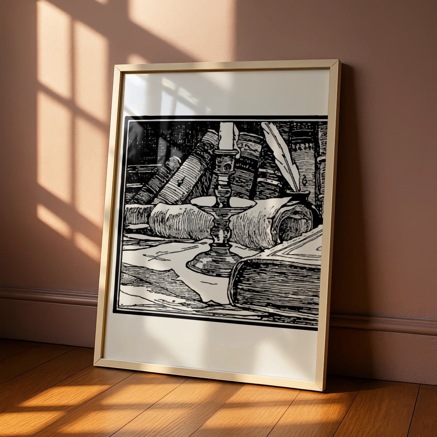 Halloween Witch Study Poster, Dark Academia Candle Books Wall Art, Gothic Black White Print