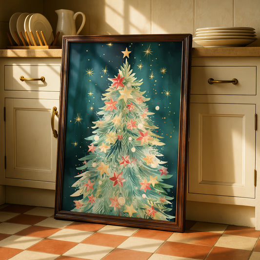 Christmas Tree Poster, Watercolour Festive Wall Art, Teal Gold Star Print, Holiday Decor