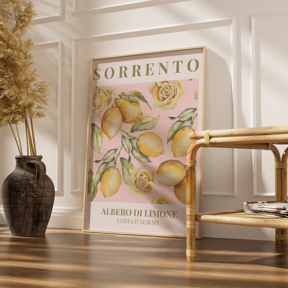 Sorrento Lemon Poster, Maximalist Italian Wall Art, Amalfi Coast Pink Floral Print